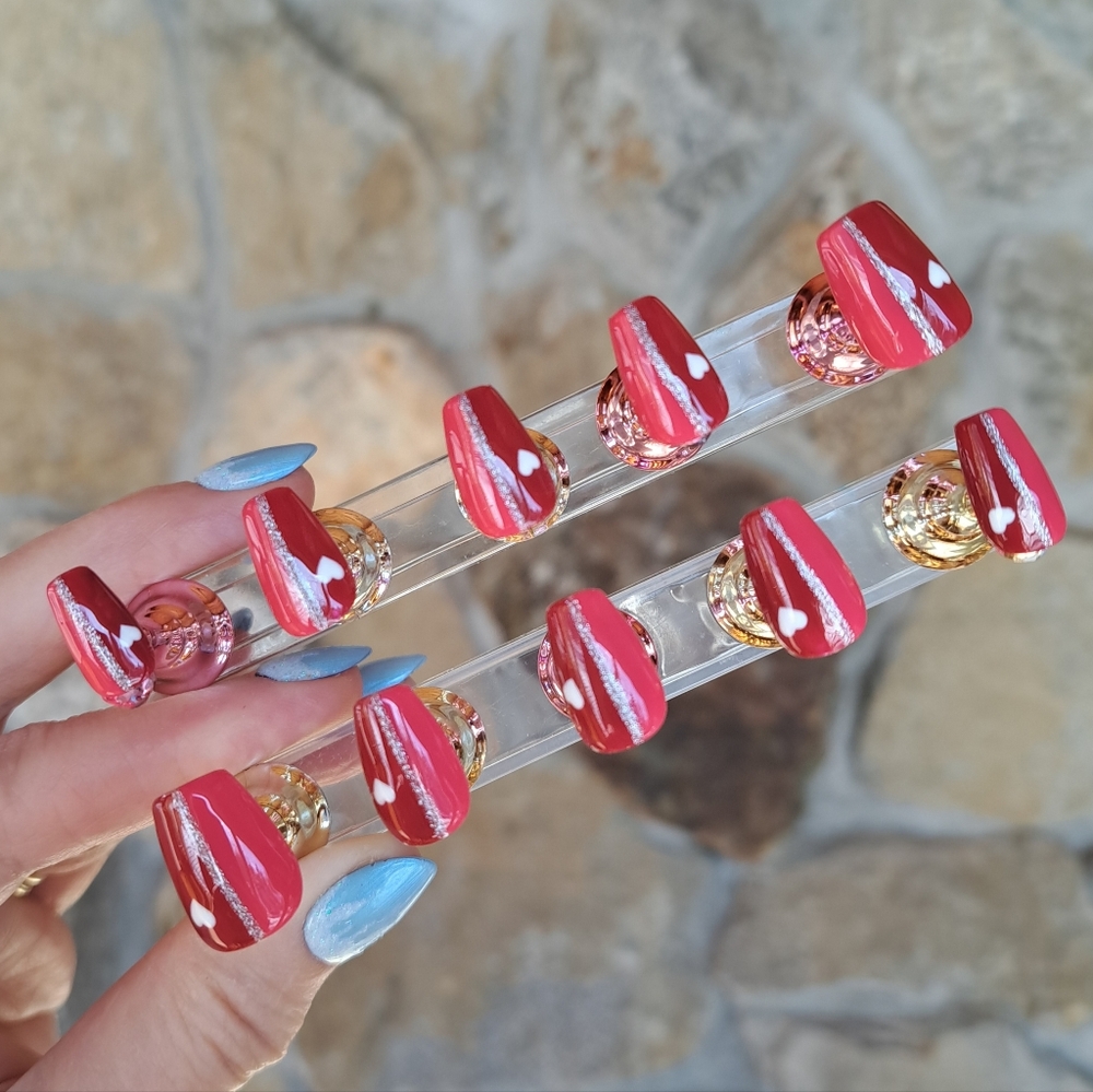 Red & Pink Heart Set Hand Painted Press On Nails Salon Quality XS Coffin
